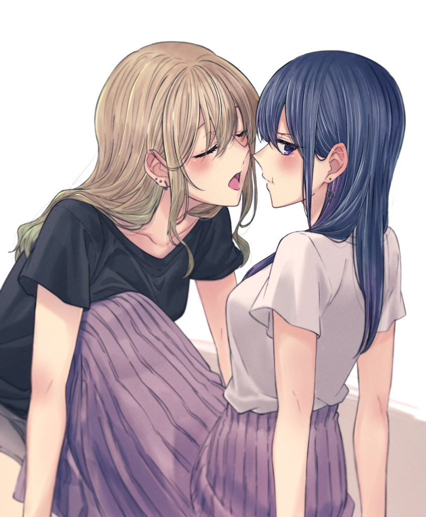 2girls aihara_mei aihara_yuzu bangs black_hair blonde_hair blush breasts citrus_(saburouta) closed_mouth ear_blush glidesloe green_eyes highres incest incoming_kiss long_hair multiple_girls pout pouty_lips short_sleeves shoulder_blush simple_background step-siblings violet_eyes wife_and_wife yuri