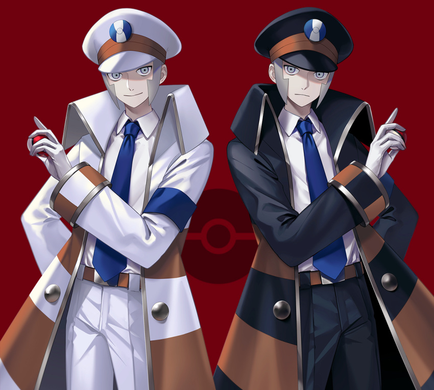 2boys arm_behind_back armband belt black_coat black_headwear black_pants blue_necktie brothers closed_mouth coat collared_shirt commentary cowboy_shot emmet_(pokemon) gloves grey_eyes grey_hair hand_up happy hat high_collar holding holding_poke_ball ingo_(pokemon) long_sleeves looking_at_viewer male_focus merlusa multiple_boys necktie open_clothes open_coat pants peaked_cap poke_ball poke_ball_(basic) poke_ball_symbol pokemon pokemon_(game) pokemon_bw2 red_background shirt short_hair siblings sidelocks simple_background smile standing striped_coat symmetry twins white_coat white_gloves white_headwear white_pants white_shirt