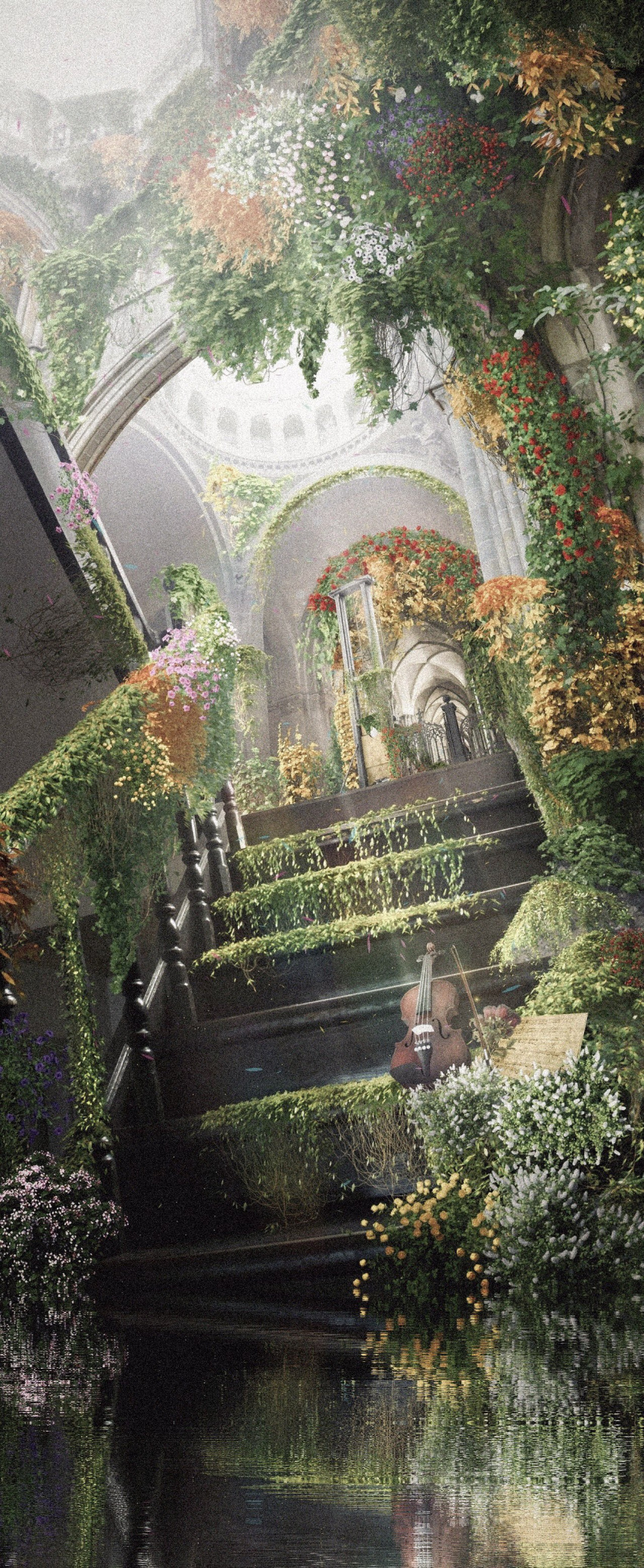 absurdres arch ayaru_(grenadine) bow_(music) column dutch_angle falling_leaves flower gate highres instrument leaf no_humans original pillar pink_flower plant purple_flower red_flower reflection reflective_water scenery sheet_music stairs violin well white_flower yellow_flower
