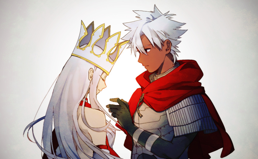 1boy armor bangs cape closed_eyes closed_mouth commentary_request crown dark_skin detached_sleeves dsk_kko emiya_kiritsugu emiya_kiritsugu_(assassin) fate/grand_order fate_(series) fingerless_gloves gloves gradient gradient_background hair_between_eyes hand_up hood irisviel_von_einzbern irisviel_von_einzbern_(caster) long_hair looking_at_another red_hood short_hair shoulder_armor simple_background upper_body white_hair