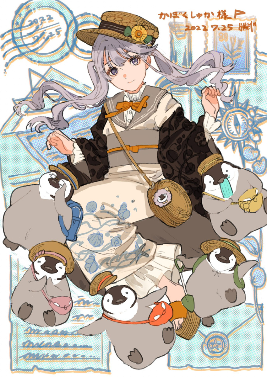 1girl adapted_costume bird black_jacket black_ribbon boater_hat brown_footwear cabbie_hat commentary compass_rose european_clothes flower frilled_kimono frills grey_eyes grey_hair grey_sailor_collar grey_sash haori hat hat_flower highres jacket japanese_clothes kimono long_hair long_sleeves looking_at_viewer obi obijime okobo original penguin postcard print_jacket qooo003 ribbon sailor_collar sash shirt smile stamp_mark straw_hat summer symbol-only_commentary twintails w_arms white_kimono white_shirt wide_sleeves