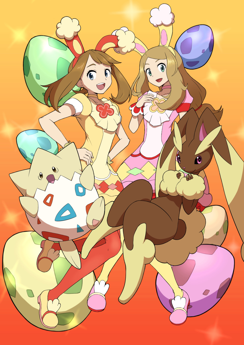2girls :d absurdres alternate_color animal_ears bangs brown_hair choker collarbone commentary_request easter egg eyelashes fake_animal_ears grey_eyes hairband hand_up highres long_hair lopunny may_(pokemon) multiple_girls official_alternate_costume open_mouth orange_background osugyino_(giura2447) pantyhose pink_choker pink_footwear pokemon pokemon_(creature) pokemon_(game) pokemon_masters_ex pokemon_xy red_pantyhose serena_(pokemon) shoes short_sleeves smile teeth togepi tongue upper_teeth wrist_cuffs yellow_choker yellow_footwear yellow_hairband yellow_pantyhose
