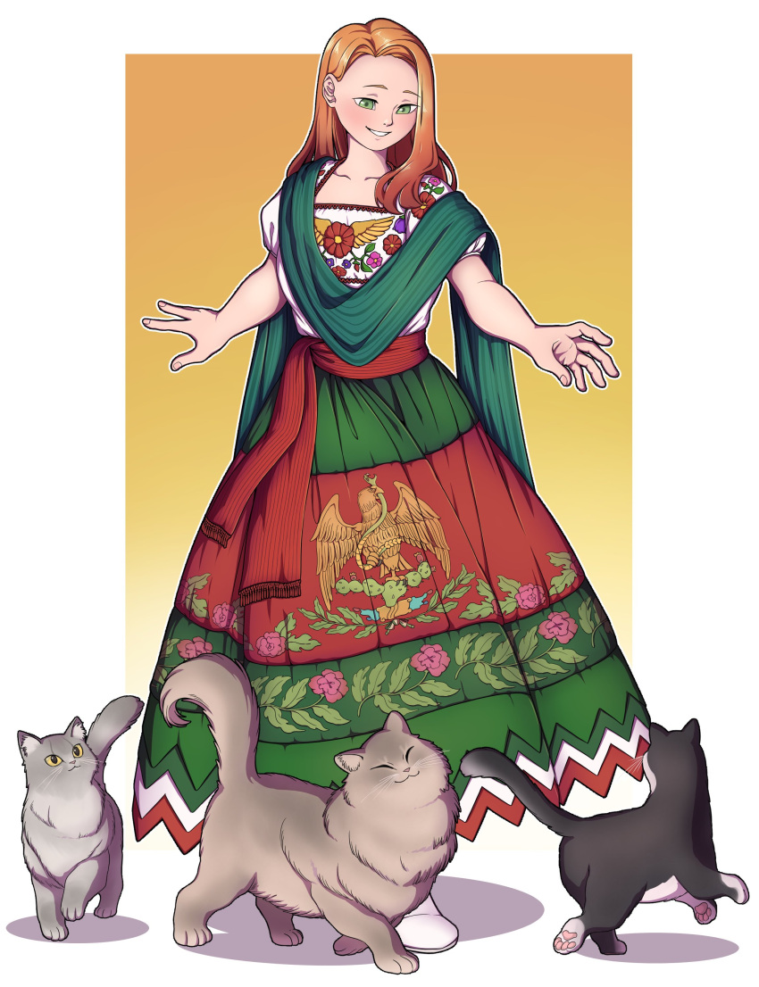 1girl absurdres alternate_costume animal_print bird cat dress eagle english_commentary floral_print flower full_body green_eyes highres hong_meiling long_hair looking_down mefomefo mexican_dress mexico simple_background skirt smile snake touhou white_background