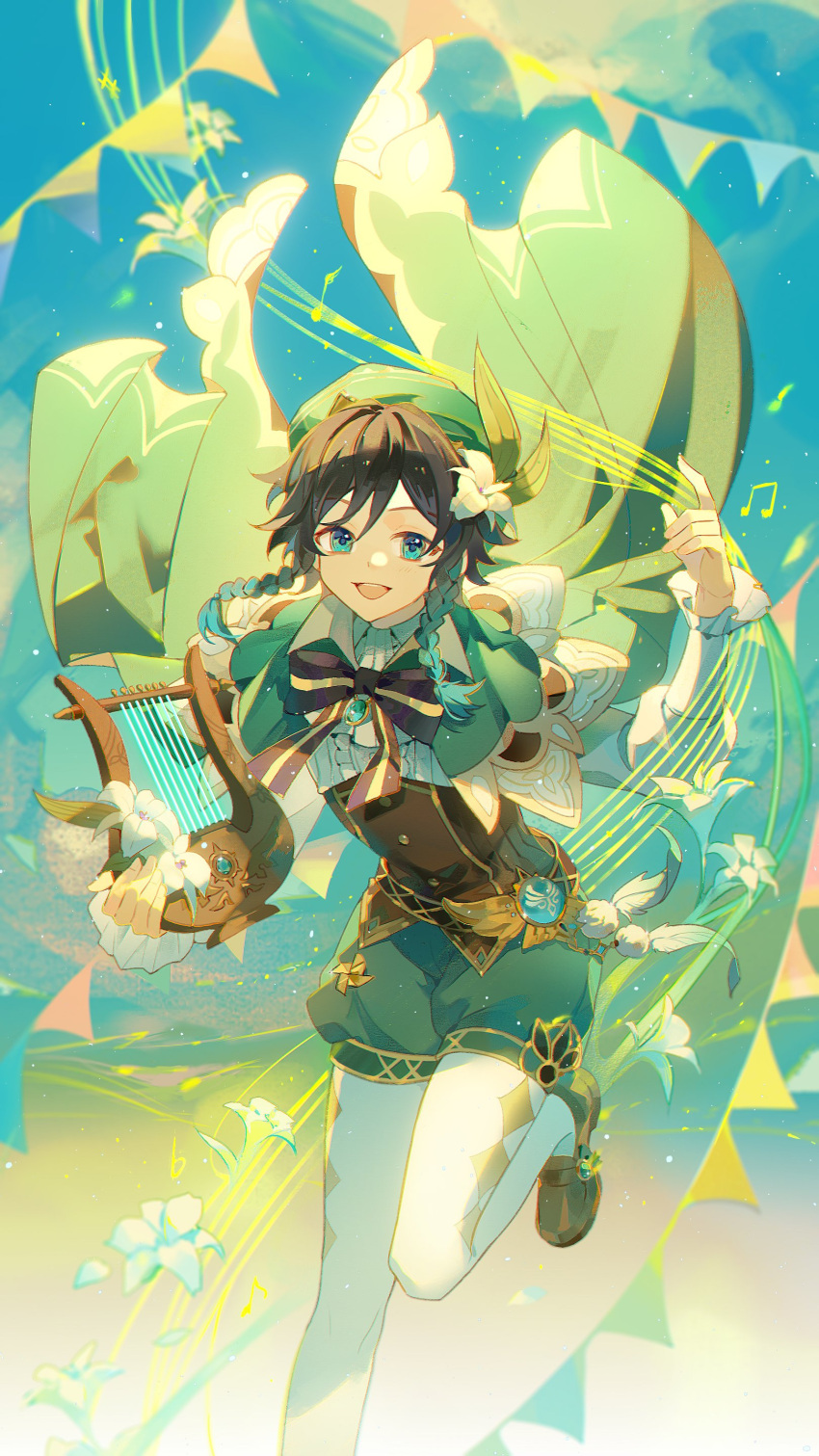 1boy absurdres bangs beret black_hair blue_eyes blue_hair bow braid brown_footwear cape chinese_commentary collared_cape commentary_request corset flower frilled_sleeves frills genshin_impact gradient_hair green_cape green_headwear green_shorts hat hat_flower highres holding holding_instrument instrument loafers lyre male_focus multicolored_hair musical_note open_mouth pantyhose sevallasd shirt shoes short_hair_with_long_locks shorts side_braids smile solo twin_braids venti_(genshin_impact) white_flower white_shirt