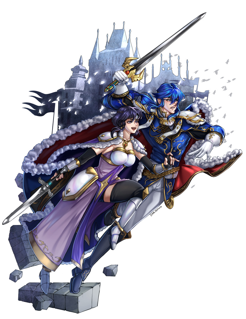 absurdres alternate_costume attack bad_source bird black_hair blue_eyes blue_hair cape castle charging_forward commission commissioner_upload ddaalsegno fire_emblem fire_emblem:_genealogy_of_the_holy_war fire_emblem_heroes flag highres larcei_(fire_emblem) long_hair official_alternate_costume open_mouth ponytail seliph_(fire_emblem) short_hair smile stone sword thighs violet_eyes weapon