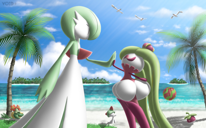 1other 3girls ^_^ absurdres arm_up arms_up artist_name ball bangs beach beachball bellossom berry_(pokemon) bird blue_sky blunt_bangs bob_cut bounsweet bowl_cut closed_eyes closed_mouth clouds colored_skin commentary day english_commentary facing_another flat_chest flower from_side full_body gardevoir grass grass_skirt green_hair green_skin green_skirt hair_over_eyes hand_up happy high_five highres horizon island light_rays long_hair monster_girl multicolored_skin multiple_girls ocean open_mouth outdoors outstretched_arm palm_tree plant_girl pokemon pokemon_(creature) profile purple_skin ralts red_flower sand short_hair skirt sky smile standing sunlight tree tsareena two-tone_skin very_long_hair void_(starvoid7) water watermark watmel_berry white_skin wingull