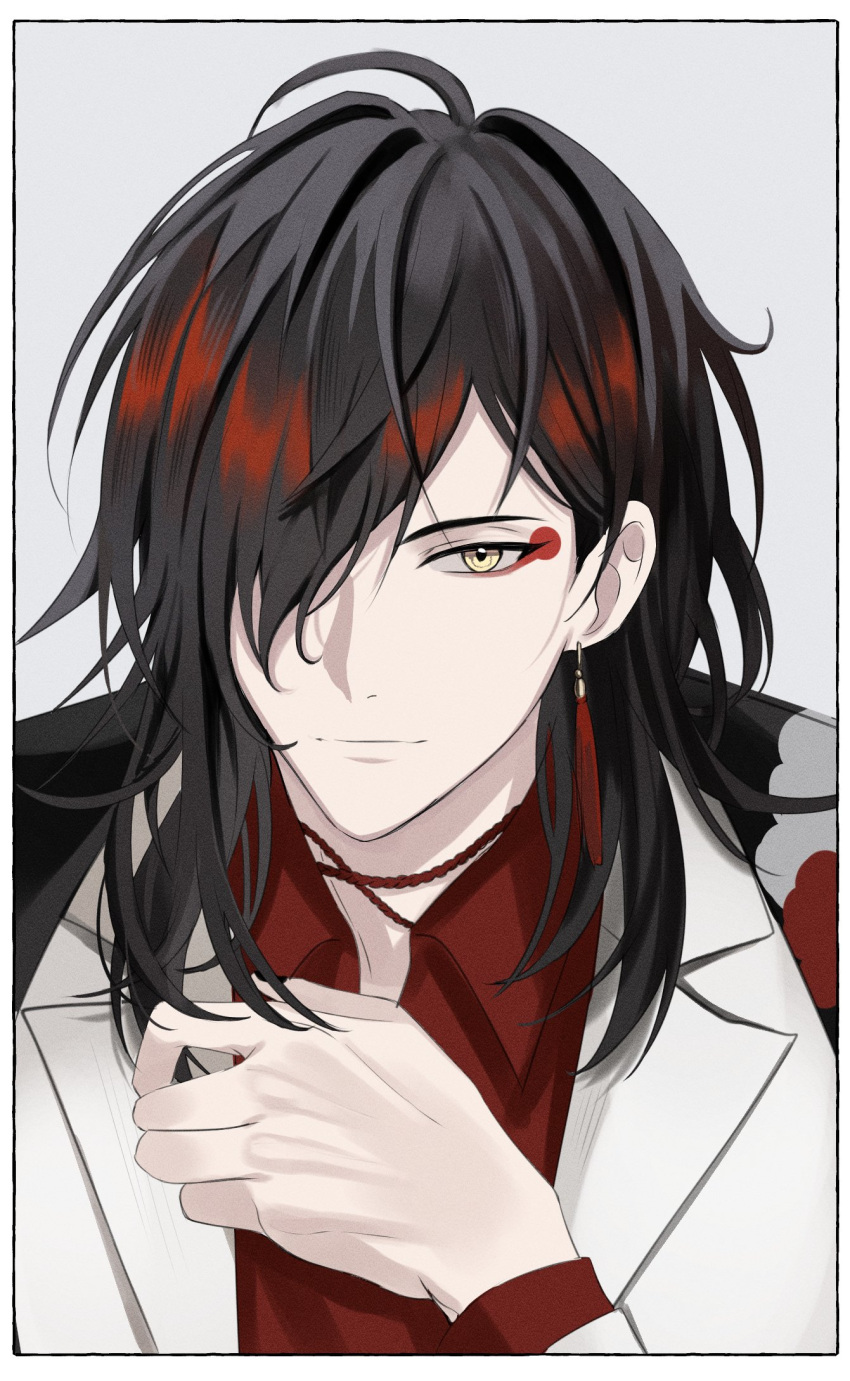 1boy black_hair dari_(dong_60) earrings highres jacket jewelry long_sleeves looking_at_viewer makeup male_focus medium_hair multicolored_hair nijisanji nijisanji_en red_eyeliner red_shirt redhead shirt simple_background solo upper_body virtual_youtuber vox_akuma white_background white_jacket yellow_eyes