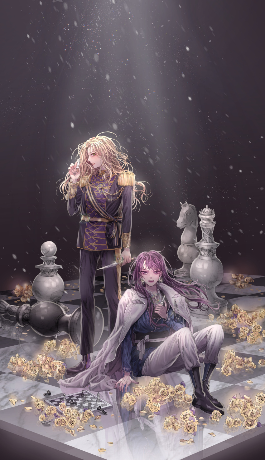 2girls absurdres black_footwear blonde_hair cape chess_piece chessboard cross cross_earrings crying earrings epaulettes flower flower_sogeum gold_trim green_eyes grey_background highres holding holding_knife jewelry knife knight_(chess) long_hair medea_solon multiple_girls parted_lips pawn_(chess) psyche_callista reflection sitting standing violet_eyes yellow_flower your_throne