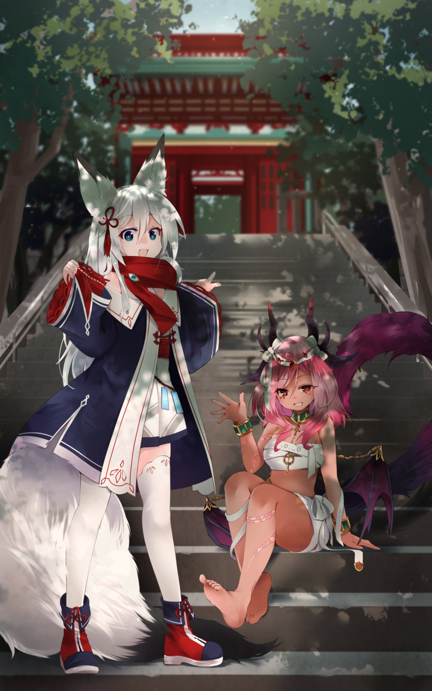 2girls :d absurdres animal_ears ankh bandages barefoot blue_coat bracelet coat commission dark-skinned_female dark_skin demon_girl demon_horns demon_wings dress fang fox_ears fox_girl fox_tail highres horns indie_virtual_youtuber jewelry long_hair long_sleeves looking_at_viewer medium_hair multiple_girls naked_bandage nanana_(nanana_iz) open_clothes open_coat original pink_hair pointing second-party_source short_dress sitting skeb_commission skin_fang smile stairs standing stone_stairs tail thigh-highs tree trickywi waving white_hair white_thighhighs wings
