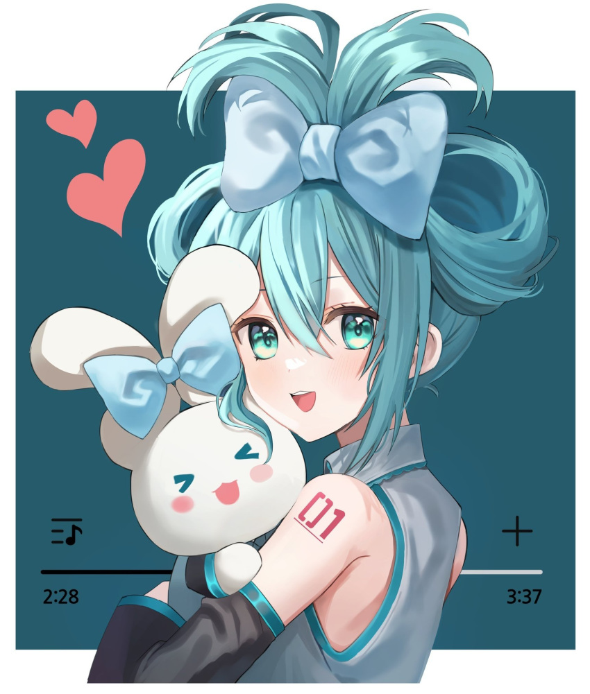 &gt;_&lt; 1girl :d aqua_eyes blue_background blue_bow bow cinnamiku dari_(dong_60) detached_sleeves double_bun ear_bow hair_between_eyes hair_bow hair_bun hatsune_miku heart highres rabbit shoulder_tattoo smile tattoo updo upper_body vocaloid