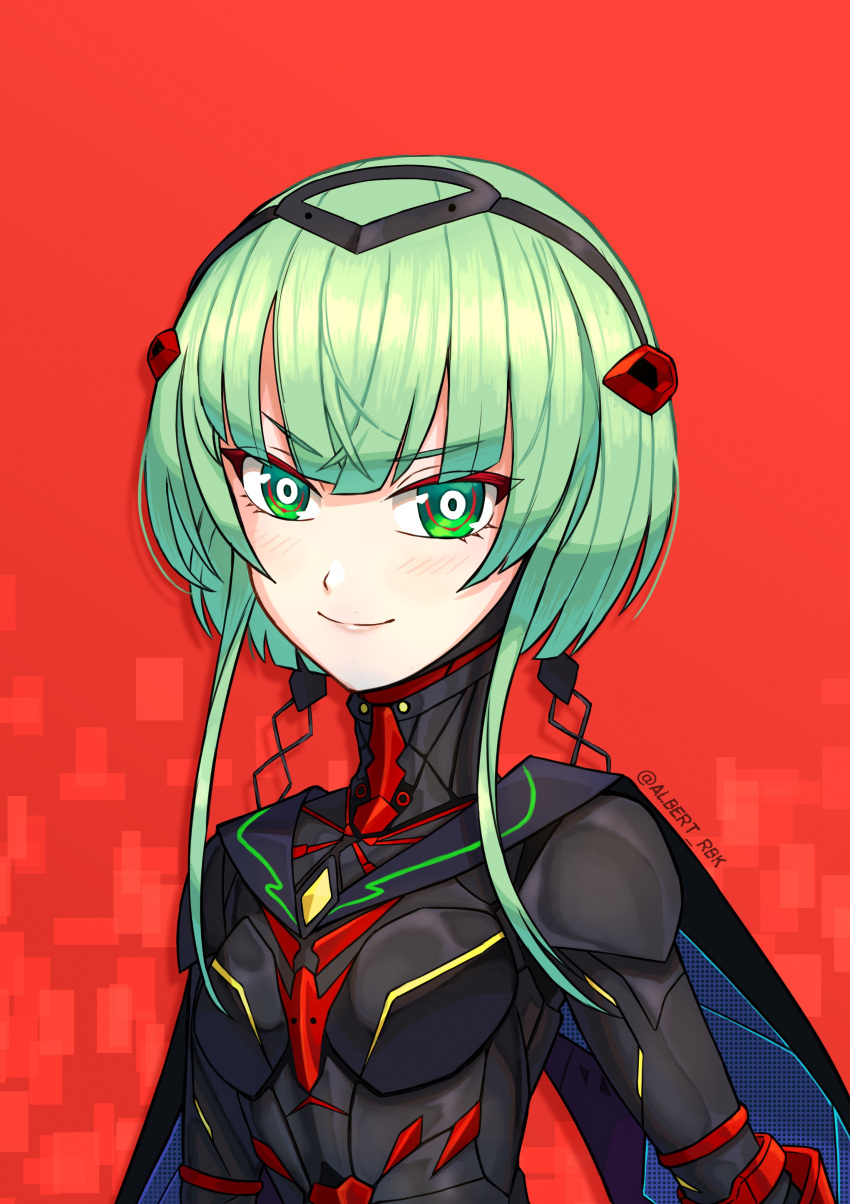 1girl absurdres android blue_cape cape chest_jewel green_hair highres ino_(xenoblade) joints mechanical_arms mechanical_legs neck red_armor robot_joints smile xenoblade_chronicles_(series) xenoblade_chronicles_3