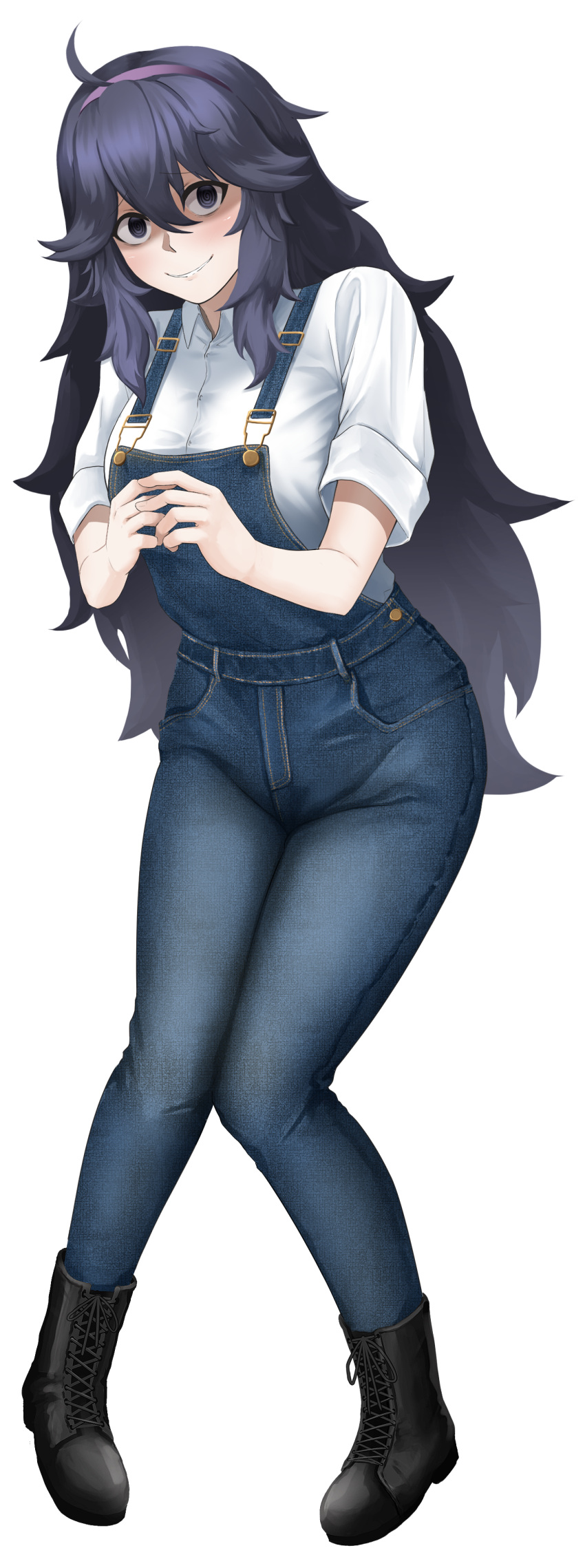 1girl absurdres alternate_costume bangs black_footwear black_hair boots breasts closed_mouth collared_shirt commentary_request cross-laced_footwear denim full_body hair_between_eyes hairband hex_maniac_(pokemon) highres lace-up_boots long_hair looking_at_viewer overalls own_hands_together pigeon-toed pokemon pokemon_(game) pokemon_xy purple_hairband shirt short_sleeves simple_background smile solo white_background white_shirt zib_(boriku)