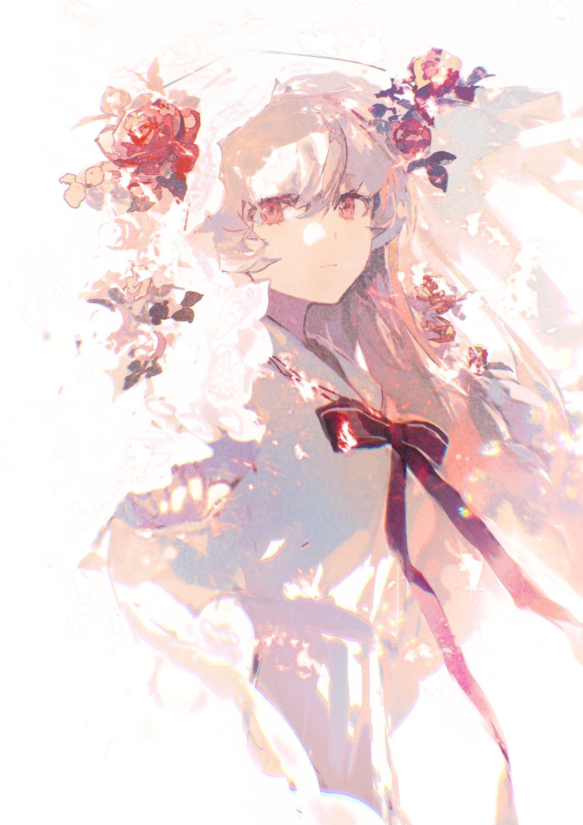 1girl arcaea backlighting bangs character_request closed_mouth dress expressionless flower glowing hair_flower hair_ornament highres lobelia_(saclia) looking_at_viewer neck_ribbon pink_hair red_eyes red_flower red_ribbon red_rose ribbon rose sailor_collar simple_background solo standing white_background white_dress white_sailor_collar