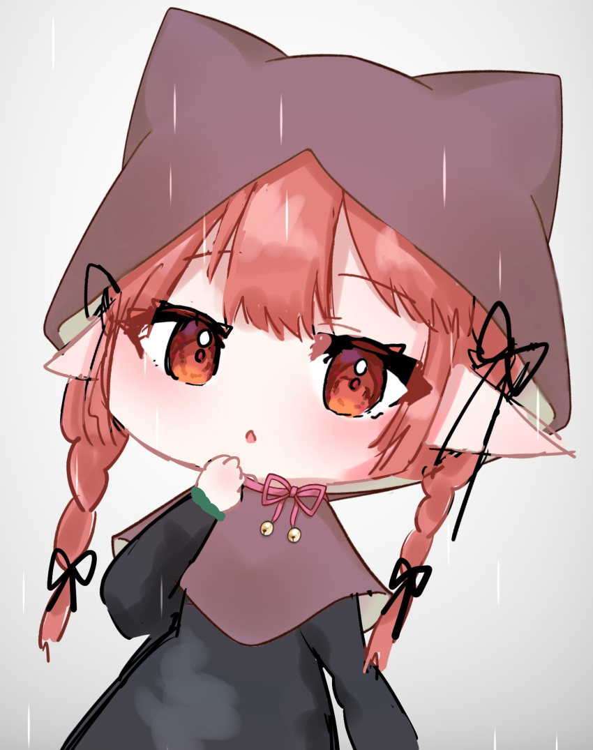 1girl animal_ears ao_orin_ringo bell blush braid capelet cat_ears chestnut_mouth chibi grey_background hand_up highres hood jingle_bell kaenbyou_rin looking_at_viewer pointy_ears poncho rain redhead solo touhou twin_braids