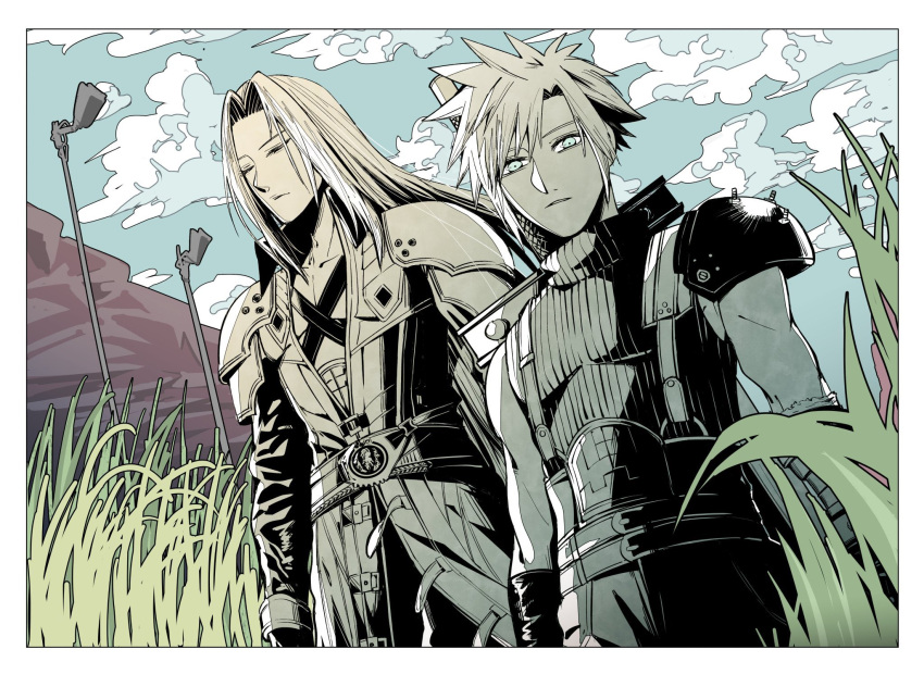 2boys armor bangs belt black_jacket blue_eyes border buster_sword chest_strap closed_eyes cloud_strife clouds cloudy_sky cowboy_shot final_fantasy final_fantasy_vii final_fantasy_vii_remake gloves grass hair_between_eyes high_collar highres jacket long_bangs long_hair long_sleeves looking_at_viewer male_focus multiple_belts multiple_boys nnnmmg0725 open_collar outdoors parted_bangs parted_lips sephiroth short_hair shoulder_armor sky sleeveless sleeveless_turtleneck spiky_hair suspenders turtleneck weapon weapon_on_back