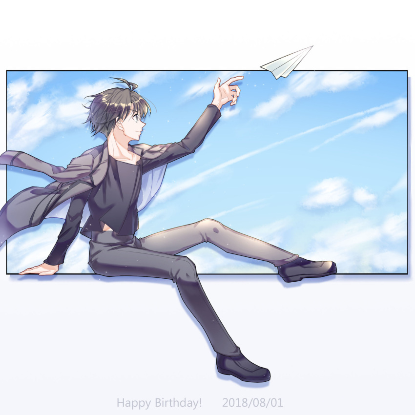 1boy agate_fluorite black_footwear black_hair black_pants black_shirt blue_sky clouds cluster_edge dated dg_(dpuprkc) happy_birthday highres jacket jacket_on_shoulders long_sleeves male_focus pants paper_airplane shirt sitting sky solo throwing