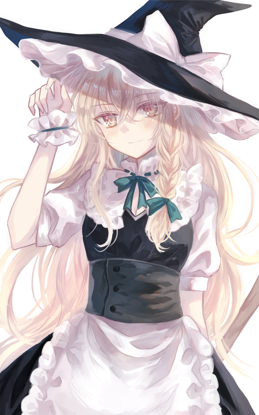 1girl apron bangs black_headwear black_vest blonde_hair bow braid closed_mouth collared_shirt commentary cowboy_shot frilled_apron frilled_hat frilled_shirt_collar frills green_bow green_ribbon hair_between_eyes hair_bow hand_up hat hat_bow highres kirisame_marisa long_hair looking_at_viewer miyakure neck_ribbon puffy_short_sleeves puffy_sleeves ribbon shirt short_sleeves simple_background single_braid smile solo touhou vest waist_apron white_background white_bow white_shirt witch_hat yellow_eyes