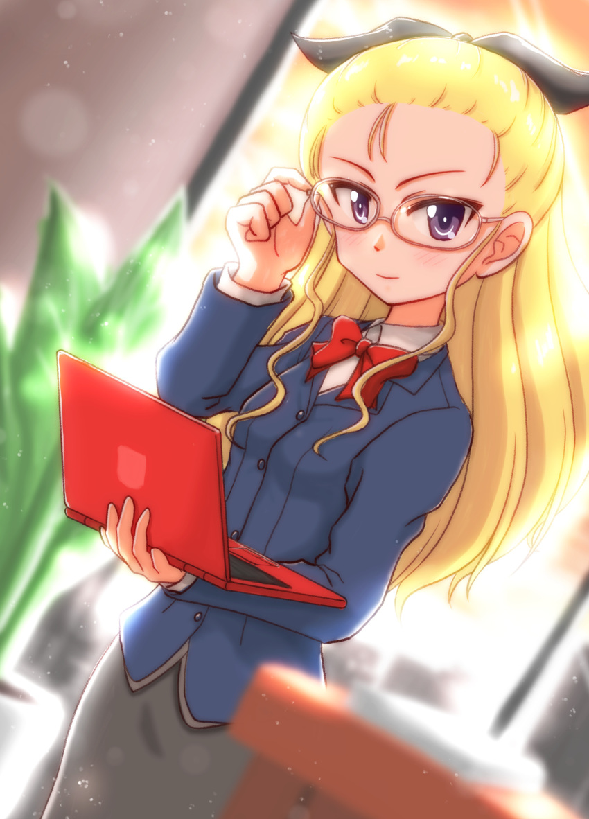 1girl adjusting_eyewear alternate_costume assam_(girls_und_panzer) backlighting bespectacled black_ribbon black_skirt blazer blonde_hair blue_eyes blue_jacket blurry blurry_background blurry_foreground bow bowtie closed_mouth commentary dress_shirt dutch_angle girls_und_panzer glasses grey-framed_eyewear hair_pulled_back hair_ribbon highres holding_laptop indoors ishitsu_tadashi jacket light_particles long_hair looking_at_viewer office_lady pencil_skirt red_bow red_bowtie ribbon shirt skirt smile solo standing white_shirt wing_collar