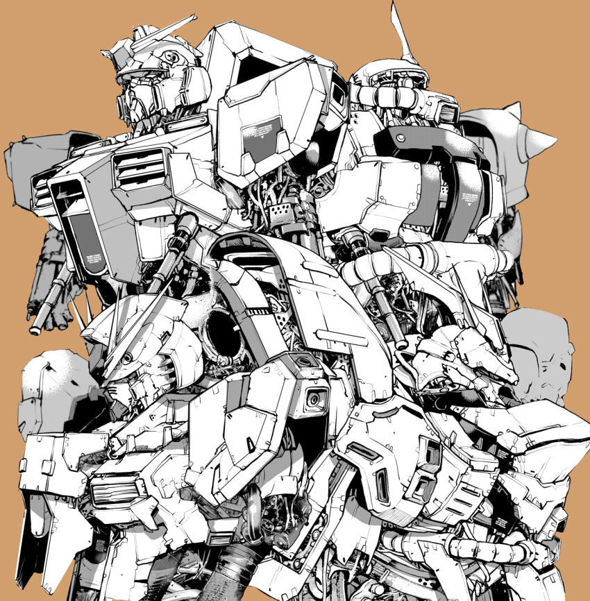 char's_counterattack greyscale_with_colored_background gundam highres looking_to_the_side mecha mobile_suit mobile_suit_gundam no_humans nu_gundam one-eyed orange_background robot rx-78-2 sazabi science_fiction shoulder_spikes spikes takuma_tomomasa upper_body v-fin zaku_ii_s_char_custom