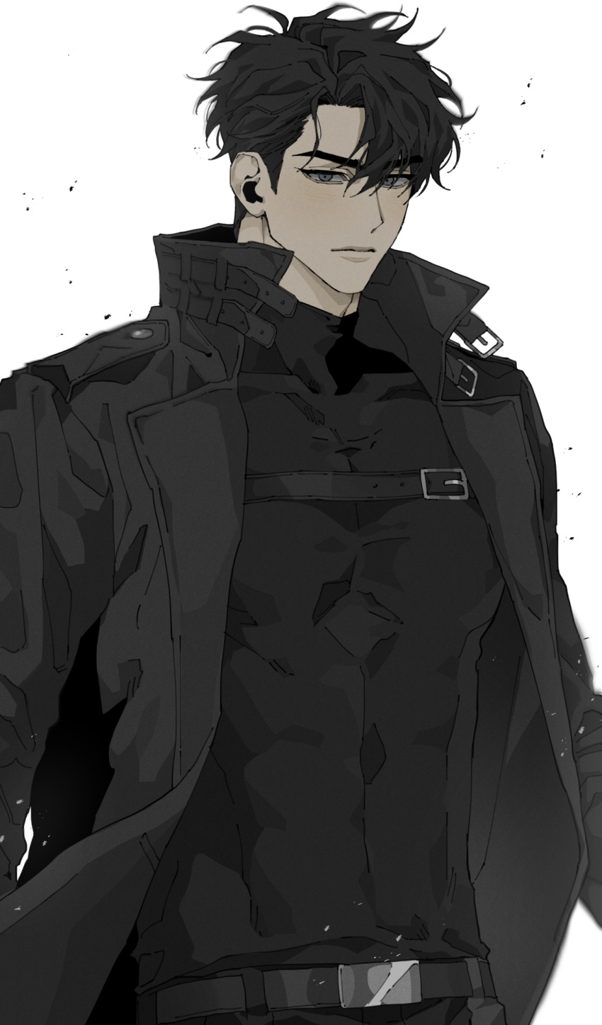 1boy belt black_coat black_eyes black_hair chest_belt coat donggoureng2 expressionless highres joonghyuk_yoo korean_commentary looking_at_viewer male_focus muscular muscular_male omniscient_reader's_viewpoint shirt_tucked_in short_hair solo trench_coat turtleneck upper_body white_background