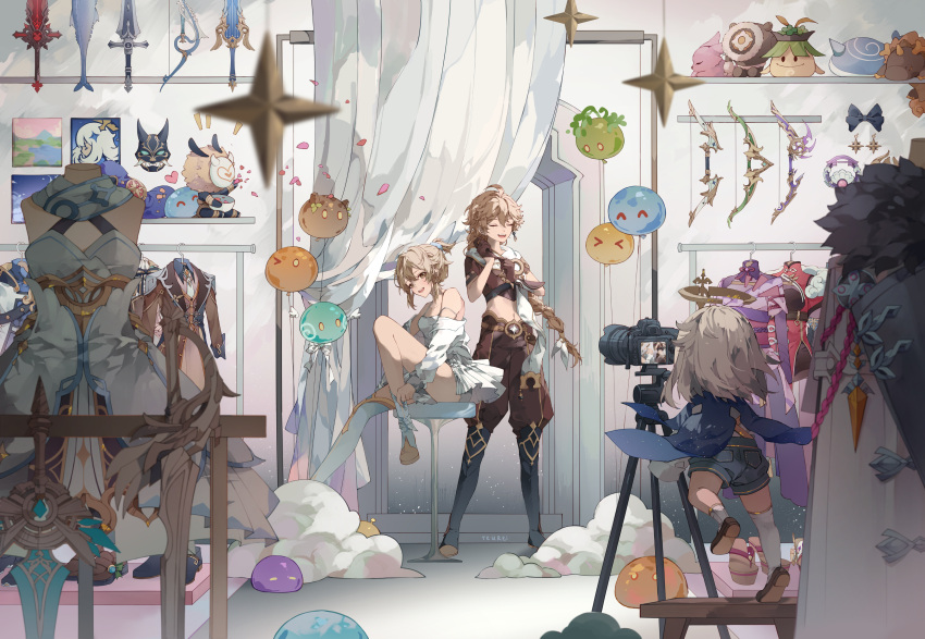 1boy 2girls ^_^ absurdres aether_(genshin_impact) ahoge balloon bare_shoulders black_socks blonde_hair blue_shorts blurry blurry_foreground bow_(weapon) brown_eyes brown_footwear brown_pants brown_shirt camera closed_eyes costume crop_top curtains detached_sleeves dress earrings genshin_impact gold_trim grey_hair highres holding holding_camera jewelry leg_up lumine_(genshin_impact) multiple_girls open_mouth paimon_(genshin_impact) pants photo_shoot shirt short_hair short_sleeves shorts sitting sky smile socks standing star_(symbol) stool sword taking_picture weapon white_dress white_sleeves white_socks yeurei