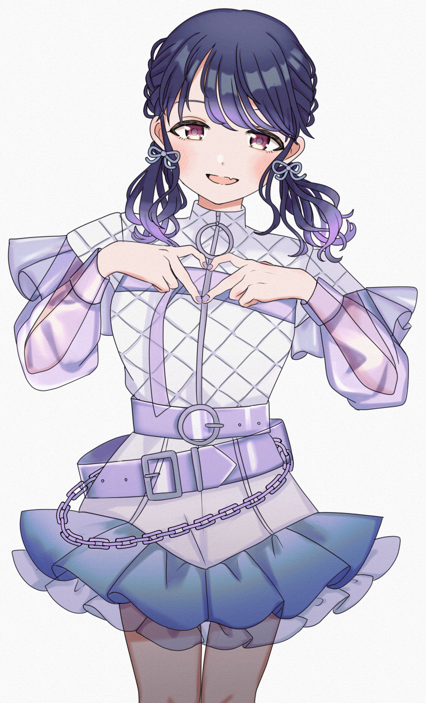 1girl absurdres belt black_hair braid brbrbrbr4 commentary_request fang finger_heart fukumaru_koito highres idolmaster idolmaster_shiny_colors looking_at_viewer low_twintails miniskirt purple_nails see-through see-through_sleeves skin_fang skirt solo twintails violet_eyes white_background