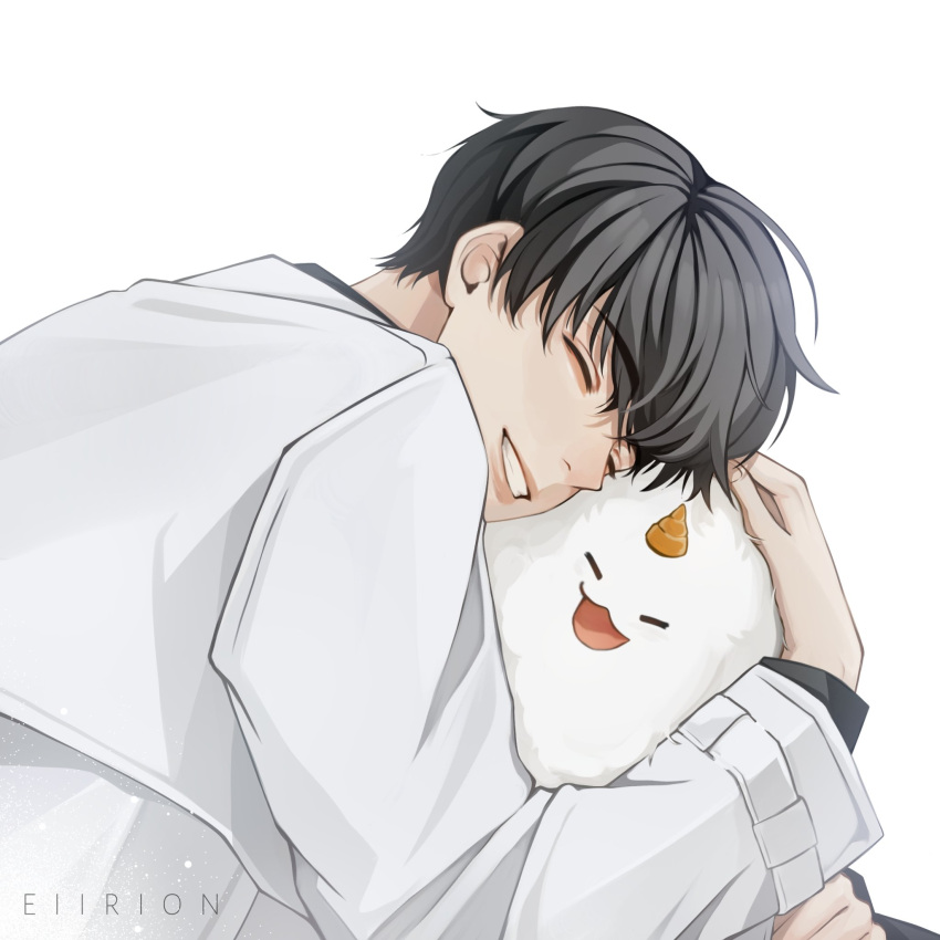 1boy :3 artist_name black_hair character_request closed_eyes cuddling dok-ja_kim eiirion grin highres hug jacket long_sleeves omniscient_reader's_viewpoint short_hair smile solo white_background white_jacket