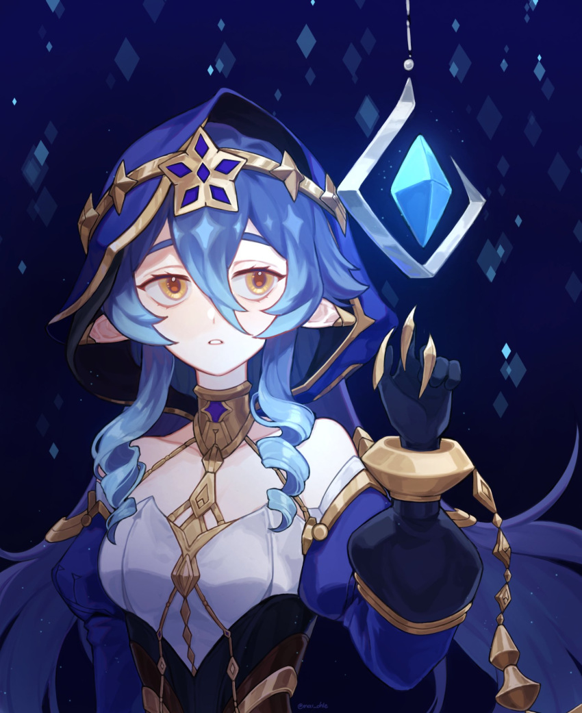 blue_hood breasts bright_pupils claw_ring diamond_(shape) drill_hair drill_locks genshin_impact gold_choker highres hood hood_up jewelry juliet_sleeves layla_(genshin_impact) long_hair long_sleeves maichle_(mai_chle30) medium_breasts neck_ring open_mouth pointy_ears puffy_sleeves ringlets solo yellow_eyes