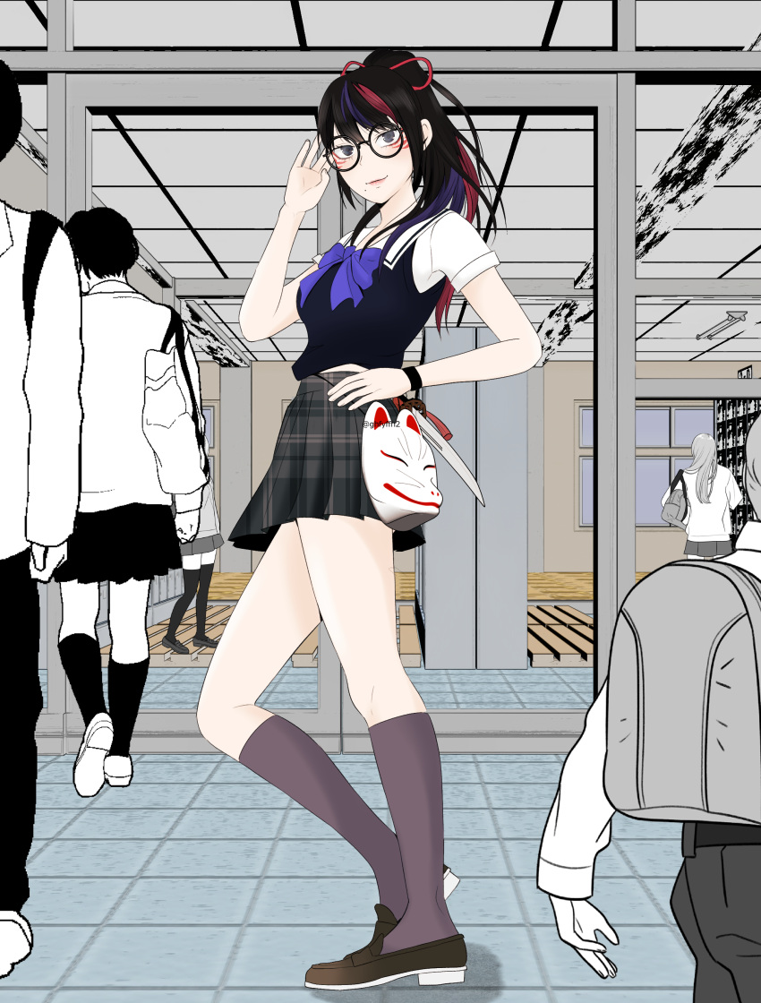 1girl absurdres alluring beautiful black_and_red_and_purple_hair cute dark_blue_eyes eyewear ghfyffh2 glasses hallway highres insanely_hot kitsune_marks kitsune_mask kunimitsu_ii kunoichi namco school school_hall school_uniform tekken tekken_8