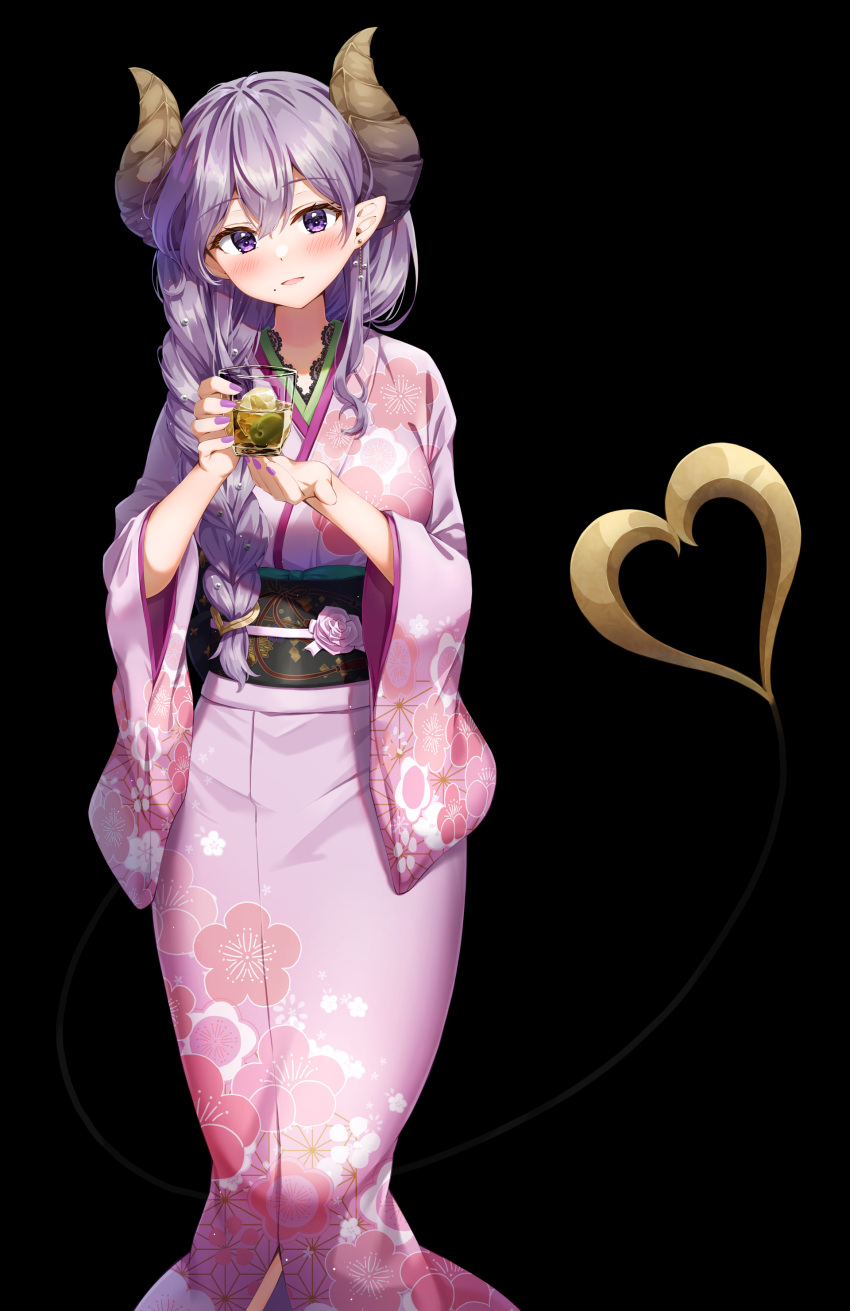 1girl absurdres bangs black_background blush braid breasts commentary_request cup drinking_glass earrings floral_print hair_between_eyes hair_over_shoulder head_tilt highres holding holding_cup honey_strap horns japanese_clothes jewelry kimono kuria_(clear_trip_second) long_hair long_sleeves looking_at_viewer medium_breasts mole mole_under_mouth obi parted_lips pointy_ears print_kimono purple_hair purple_kimono saionji_mary sash simple_background single_braid solo tail very_long_hair violet_eyes virtual_youtuber wide_sleeves
