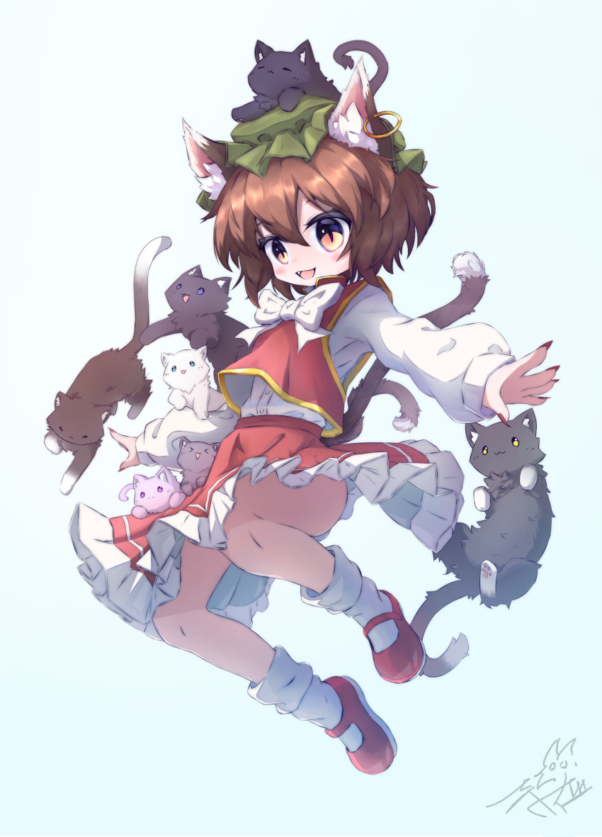 1girl absurdres animal animal_ears animal_on_head animal_on_shoulder black_cat cat cat_ears cat_on_head cat_tail chen green_headwear hat highres jewelry mob_cap mr.turtle_head multiple_tails nekomata on_head tail touhou two_tails