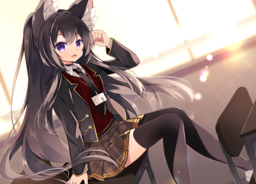 1girl :d animal_ear_fluff animal_ears arm_up bangs black_hair black_jacket black_necktie black_thighhighs blazer brown_skirt chair collared_shirt commentary_request commission desk feet_out_of_frame hair_between_eyes highres jacket knees_together_feet_apart long_hair long_sleeves looking_at_viewer necktie on_desk open_clothes open_jacket original plaid plaid_skirt pleated_skirt purinpurin school_chair school_desk school_uniform shirt sitting sitting_on_desk skeb_commission skirt smile solo sunlight sunset sweater_vest thigh-highs unmoving_pattern very_long_hair violet_eyes white_shirt window