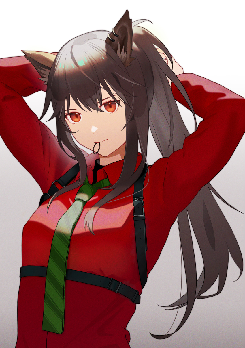 1girl absurdres animal_ear_fluff animal_ears arknights belt belt_buckle black_belt brown_hair buckle closed_mouth collared_shirt commentary earrings green_necktie hair_between_eyes hair_tie hair_tie_in_mouth highres jewelry long_hair looking_at_viewer mouth_hold necktie official_alternate_costume ponytail red_eyes red_shirt shikisimayu shirt sidelocks simple_background single_earring solo striped_necktie texas_(arknights) texas_(willpower)_(arknights) tying_hair upper_body white_background wolf_ears