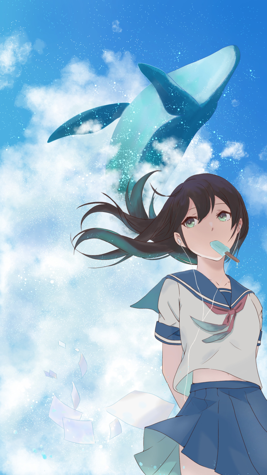 1girl absurdres arms_behind_back bangs blue_sailor_collar blue_skirt blue_sky brown_hair clouds cloudy_sky cowboy_shot earphones earphones food green_eyes highres humpback_whale looking_to_the_side midriff_peek mouth_hold navel neckerchief ogurin8392 original outdoors paper pleated_skirt popsicle red_neckerchief sailor_collar school_uniform serafuku shirt short_sleeves sidelocks skirt sky solo water whale white_shirt