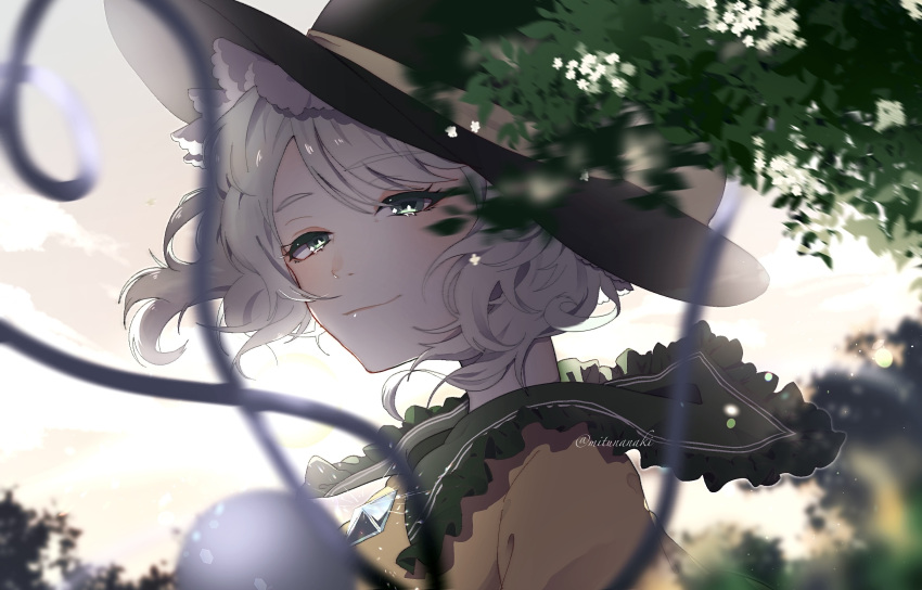 1girl black_headwear bloom blouse blurry blurry_background blurry_foreground blush bright_pupils buttons closed_mouth commentary depth_of_field diamond_button floating_hair flower frilled_shirt_collar frills from_side green_eyes hat hat_ribbon highres komeiji_koishi leaf light_green_hair looking_at_viewer looking_to_the_side mitunanaki portrait ribbon shirt short_hair smile solo third_eye touhou twitter_username white_flower white_pupils yellow_ribbon yellow_shirt