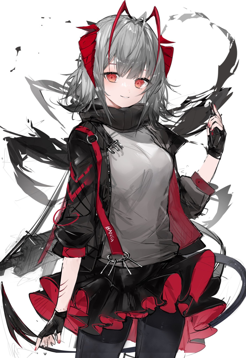 1girl ahoge antennae arknights black_gloves black_jacket black_pantyhose black_scarf black_skirt breasts carrying cowboy_shot demon_horns fingerless_gloves gloves grey_hair grey_shirt gun highres horns jacket looking_at_viewer open_clothes open_jacket pantyhose parted_lips red_eyes red_nails scar scar_on_arm scarf shirt short_hair shoulder_carry simple_background skirt sleeves_past_elbows small_breasts smile solo suashi two-sided_fabric two-sided_skirt w_(arknights) weapon white_background