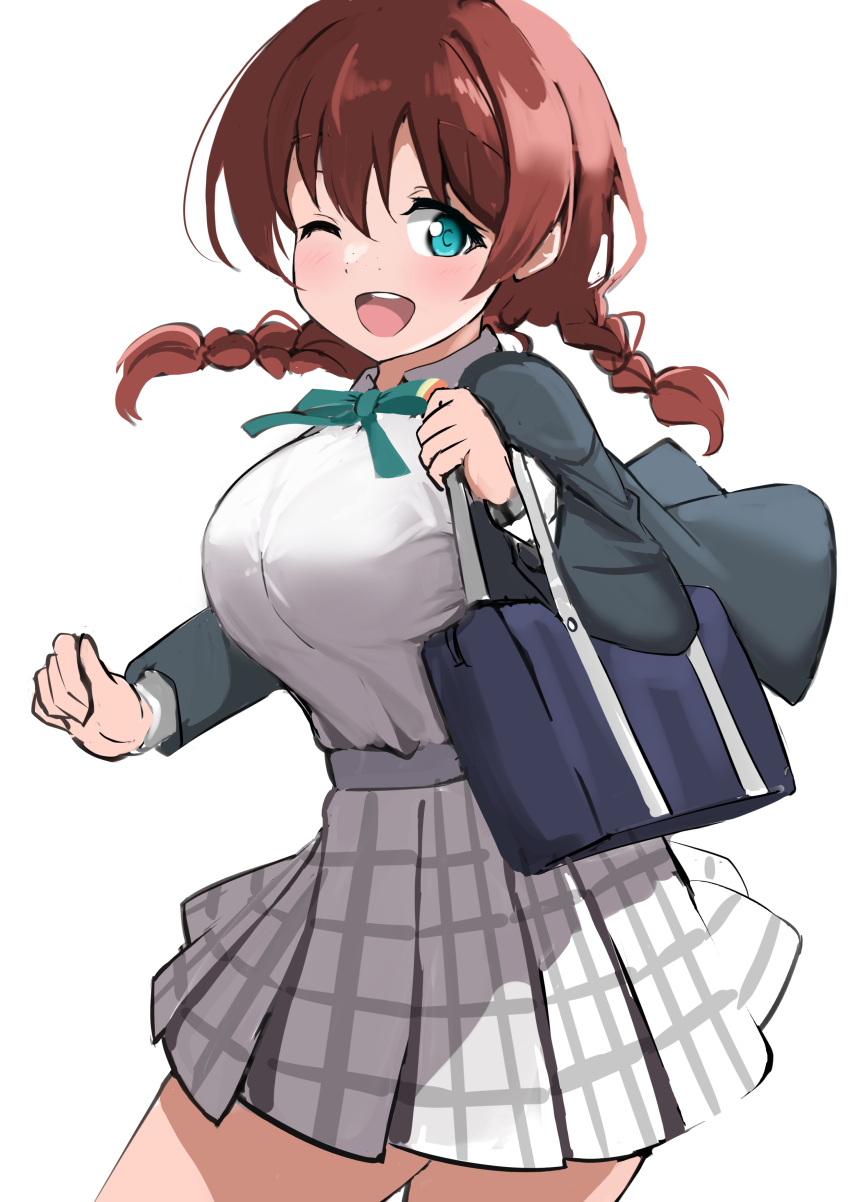 1girl absurdres black_jacket blazer blue_eyes braid breasts brown_hair buttons collared_shirt cowboy_shot dress_shirt emma_verde evildaddy12 freckles green_ribbon grey_skirt highres jacket large_breasts long_hair long_sleeves love_live! love_live!_nijigasaki_high_school_idol_club low_twintails neck_ribbon nijigasaki_academy_school_uniform one_eye_closed plaid plaid_skirt pleated_skirt ribbon school_uniform shirt simple_background skirt solo twin_braids twintails white_background white_shirt winter_uniform