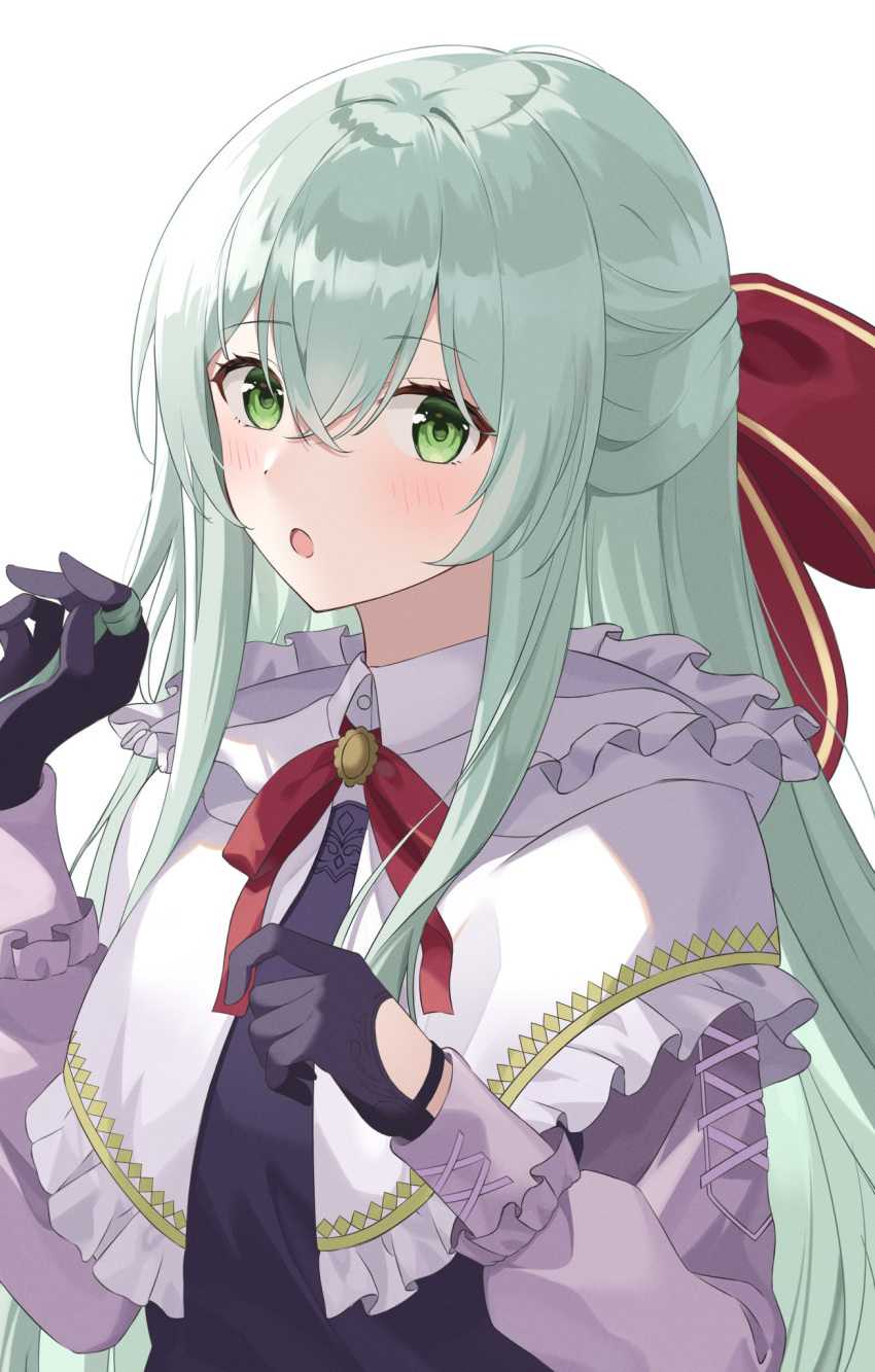 1girl :o aqua_hair assault_lily bangs black_gloves black_ribbon black_shirt blush bow capelet collared_shirt cross-laced_clothes cross-laced_sleeves crossed_bangs frilled_capelet frills gloves green_eyes hair_between_eyes hair_bow hair_twirling half_updo hands_up highres hood hood_down hooded_capelet kon_(kon9d) long_hair long_sleeves looking_at_viewer neck_ribbon official_alternate_costume parted_lips puffy_long_sleeves puffy_sleeves red_bow ribbon shirt sidelocks simple_background solo toki_kureha upper_body very_long_hair white_background white_capelet