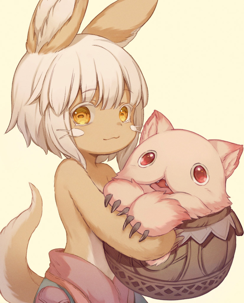 2others :3 animal_ears brown_eyes brown_fur carrying choke_(amamarin) claws closed_mouth commentary_request cowboy_shot furry grey_hair highres holding horizontal_pupils in_container in_pot looking_at_viewer looking_to_the_side made_in_abyss mitty_(made_in_abyss) multiple_others multiple_sources nanachi_(made_in_abyss) other_focus pants short_hair sideways_glance simple_background tail topless whiskers