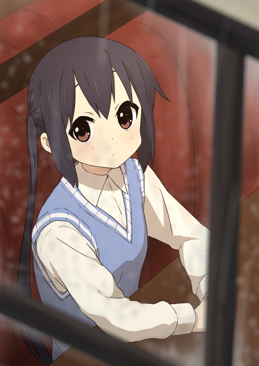 1girl bangs black_hair blue_sweater_vest brown_eyes closed_mouth collared_shirt commentary_request highres k-on! kicchi_(tmgk) long_hair long_sleeves looking_at_viewer nakano_azusa shirt sitting solo sweater_vest table twintails upper_body white_shirt window