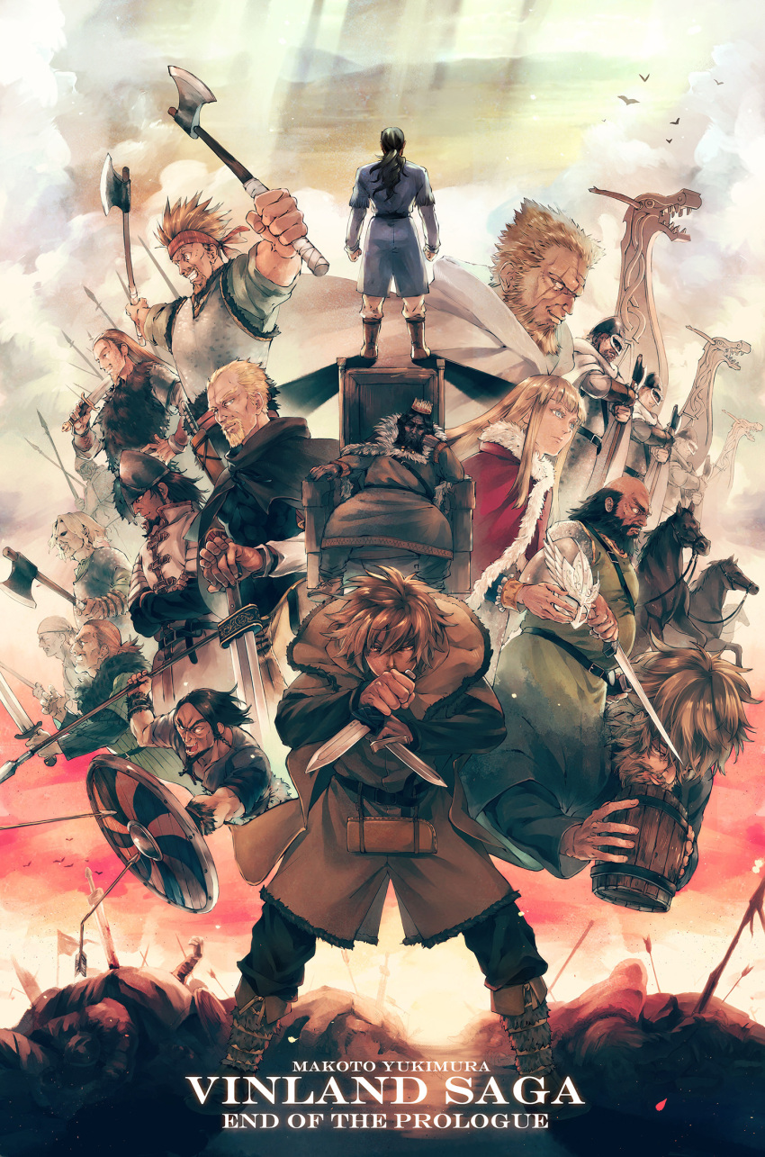 6+boys armor asgeir askeladd bjorn_(vinland_saga) blue_eyes canute everyone floki highres multiple_boys paladin ragnar_(vinland_saga) sweyn_(vinland_saga) sword thorfinn thorkell thors viking vinland_saga warrior weapon