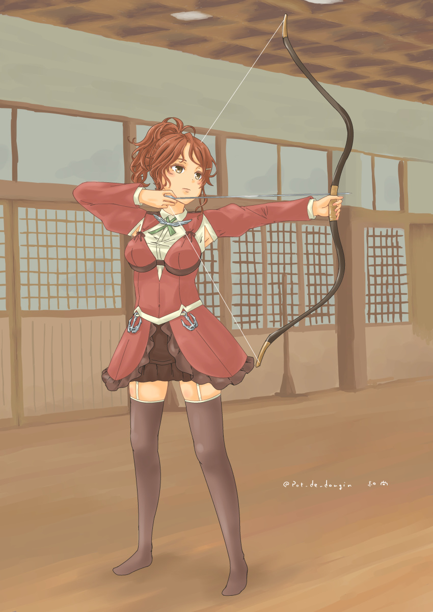 1girl absurdres aquila_(kancolle) archery armpit_cutout arrow_(projectile) black_skirt black_thighhighs bow_(weapon) clothing_cutout collared_shirt drawing_bow full_body garter_straps green_ribbon hair_ornament hairclip high_ponytail highres holding holding_arrow holding_bow_(weapon) holding_weapon jacket kantai_collection long_hair miniskirt orange_hair pot-de red_jacket ribbon shirt skirt solo thigh-highs wavy_hair weapon white_shirt yellow_eyes