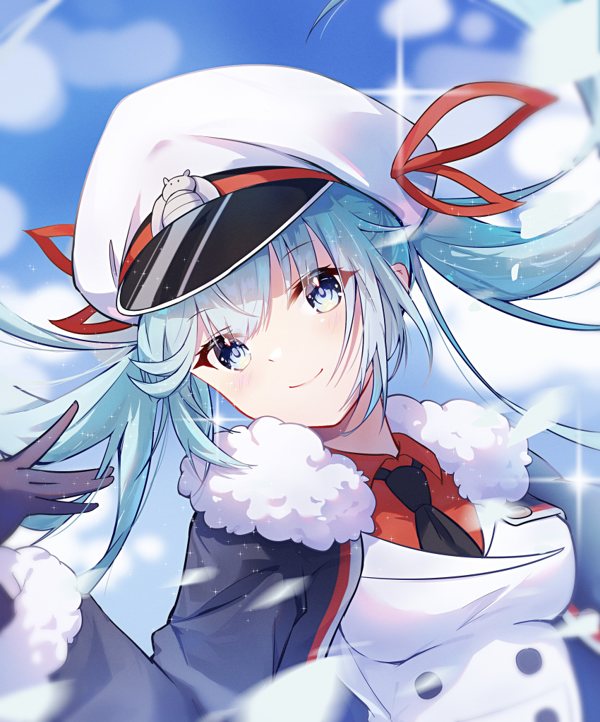 1girl absurdres aqua_eyes aqua_hair black_coat black_gloves black_necktie blurry blurry_background breasts buttons chinese_commentary clouds cloudy_sky coat commentary day double-breasted feng1180 fur-trimmed_coat fur_trim gloves hair_ribbon hand_up hat hatsune_miku highres jacket looking_at_viewer military military_uniform naval_uniform necktie outdoors peaked_cap red_ribbon red_shirt ribbon shirt sky small_breasts smile solo sparkle twintails uniform upper_body vocaloid white_headwear white_jacket yuki_miku yuki_miku_(2022)