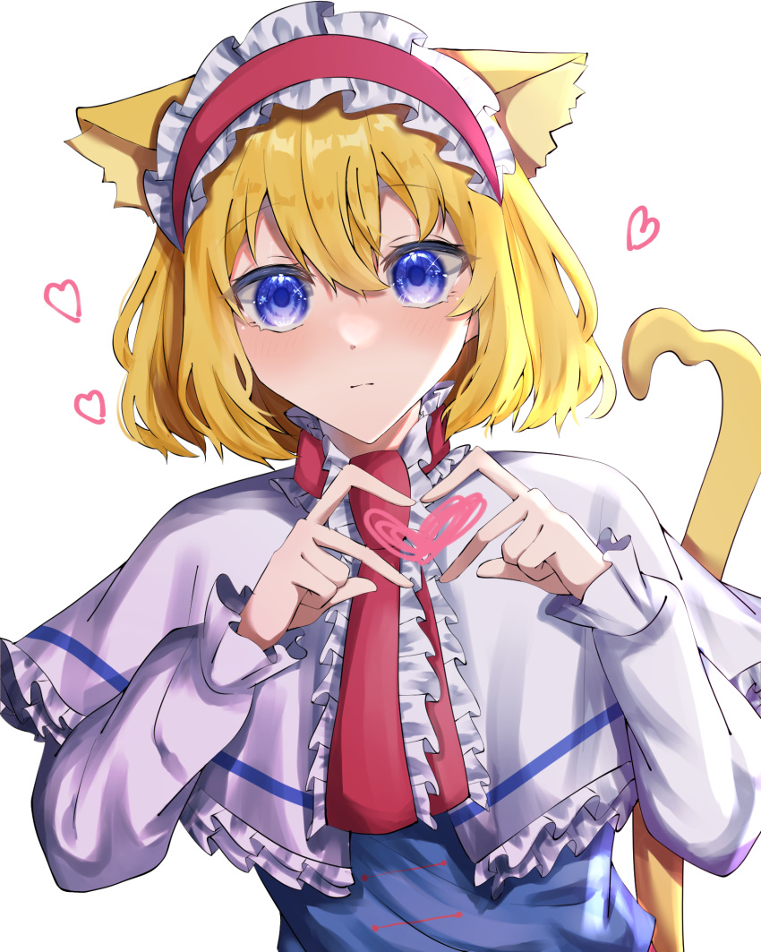1girl alice_margatroid animal_ears blonde_hair blue_dress blue_eyes blush capelet cat_ears cat_tail closed_mouth dress hair_between_eyes hairband heart heart_hands highres jingai_(k1bun) lolita_hairband long_sleeves looking_at_viewer red_hairband short_hair simple_background solo tail touhou upper_body white_background white_capelet