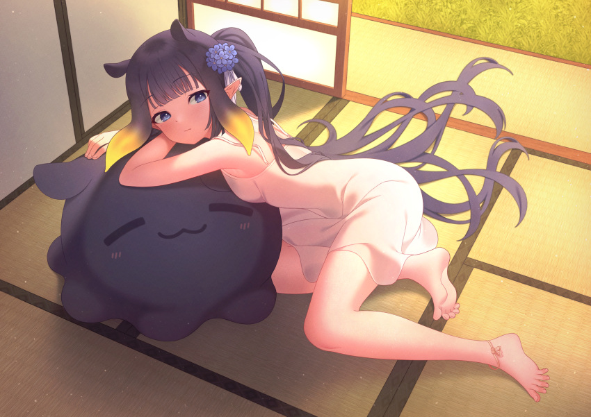 1girl :3 absurdres antenna_hair barefoot breasts closed_eyes closed_mouth day dress flower graynacht hair_flower hair_ornament highres hololive hololive_english long_hair lying ninomae_ina'nis on_side purple_hair solo takodachi_(ninomae_ina'nis) tatami thighs virtual_youtuber white_dress