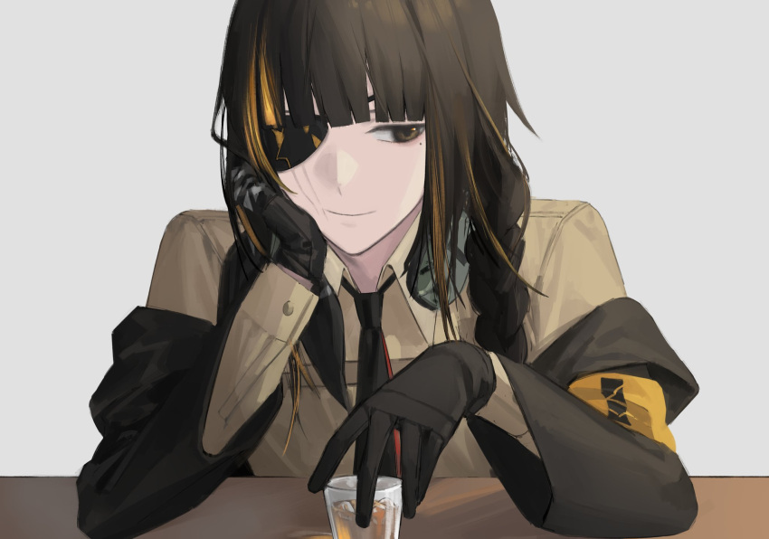 1girl alcohol bangs bar black_gloves black_hair black_jacket black_necktie blonde_hair blunt_bangs braid braided_ponytail brown_eyes closed_mouth commentary_request cup drinking_glass eyepatch girls_frontline glass gloves gradient_hair hair_over_shoulder hand_on_own_cheek hand_on_own_face headphones headphones_around_neck headset highres holding holding_cup ice ice_cube jacket leaning leaning_to_the_side looking_to_the_side loose_necktie m16a1_(girls'_frontline) mik_blamike mole mole_under_eye multicolored_hair necktie off_shoulder shirt shot_glass side_braid side_ponytail sidelocks simple_background sitting smile streaked_hair whiskey white_background yellow_shirt