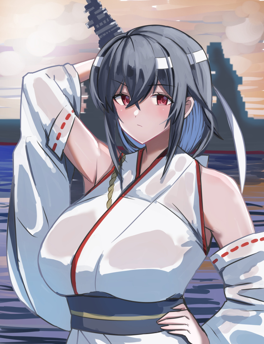 1girl absurdres alisa_(11749711) black_hair breasts clouds cloudy_sky curvy detached_sleeves hair_ornament headband headgear highres japanese_clothes kantai_collection large_breasts medium_hair nontraditional_miko plump red_eyes sky solo sunset water white_headband wide_sleeves yamashiro_(battleship) yamashiro_(kancolle) yamashiro_kai_ni_(kancolle)