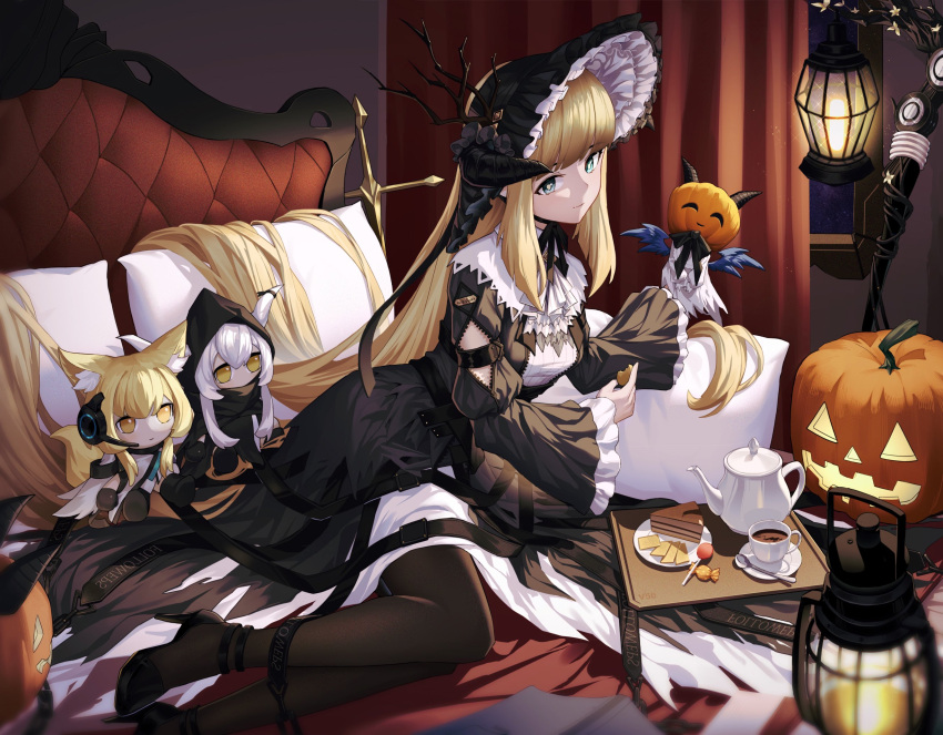 1girl arknights bangs black_dress black_footwear black_headwear black_pantyhose blonde_hair blue_eyes blunt_bangs bonnet breasts bright_pupils cake cake_slice candy character_doll closed_mouth cookie creature cup dress florence_nightingale_(fate) florence_nightingale_(trick_or_treatment)_(fate) food high_heels highres holding holding_food horns horns_through_headwear jack-o'-lantern juliet_sleeves lamp layered_dress lollipop long_hair long_sleeves looking_at_viewer mkt_(pixiv15187870) nearl_(arknights) nearl_the_radiant_knight_(arknights) official_alternate_costume on_bed pantyhose pillow puffy_sleeves shining_(arknights) small_breasts smile solo spoon tea teacup teapot very_long_hair white_dress wide_sleeves