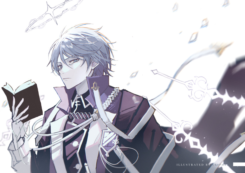 1boy absurdres andoain_(arknights) angel arknights artist_name book clishee closed_mouth coat collared_coat collared_shirt commentary grey_eyes grey_hair hair_between_eyes halo high_collar highres holding holding_book long_sleeves looking_at_viewer male_focus open_book open_clothes open_coat purple_coat purple_shirt shirt simple_background solo upper_body white_background