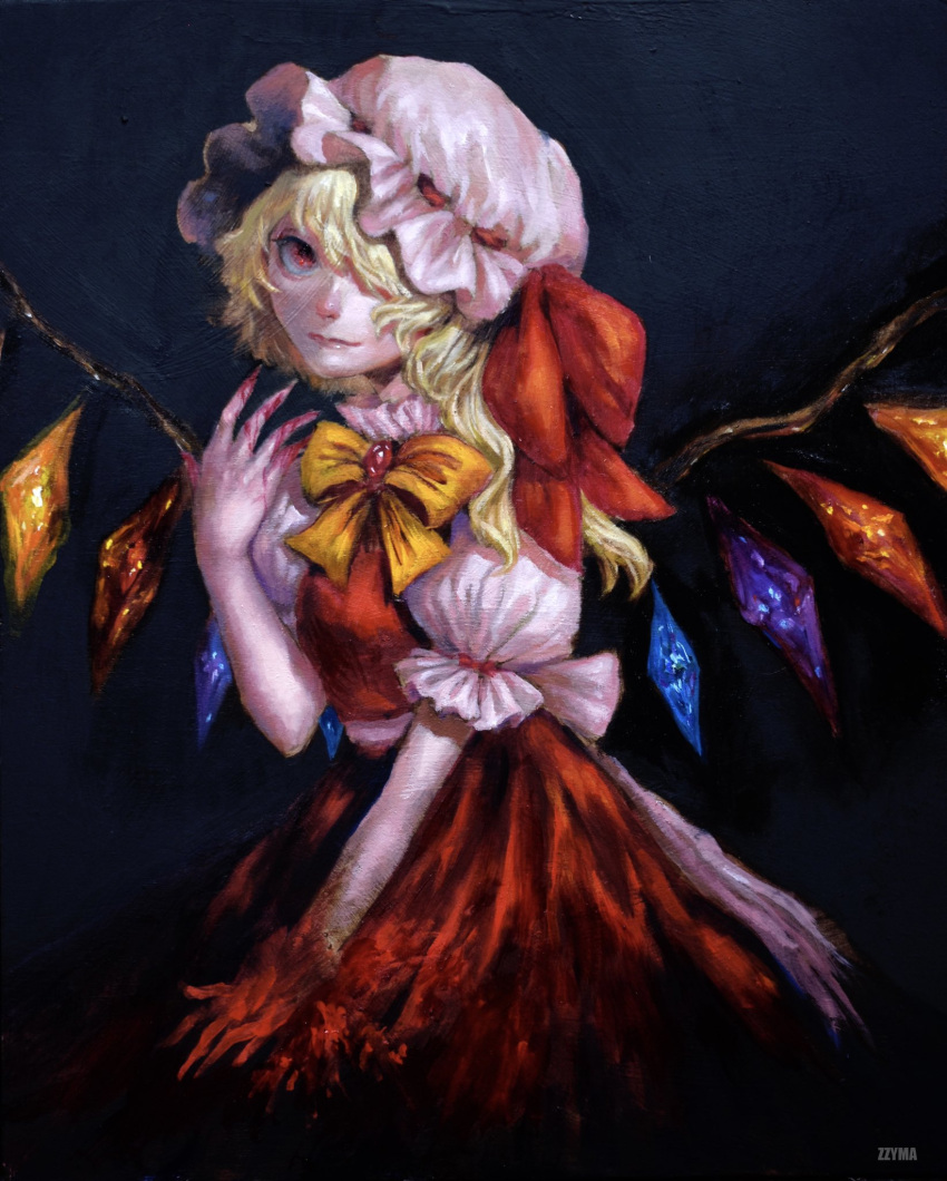 1girl bangs blonde_hair blood bow chain commentary dark_background flandre_scarlet hair_over_one_eye hand_up hat highres johnalay light_smile looking_at_viewer mob_cap painting_(medium) red_eyes solo swept_bangs touhou traditional_media wings